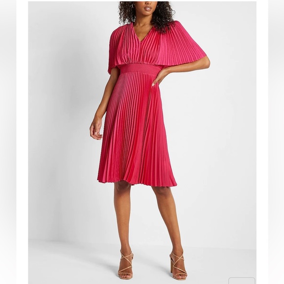 NWT Express Pleated V-Neck Midi Dress in Energy Pink - Picture 1 of 8